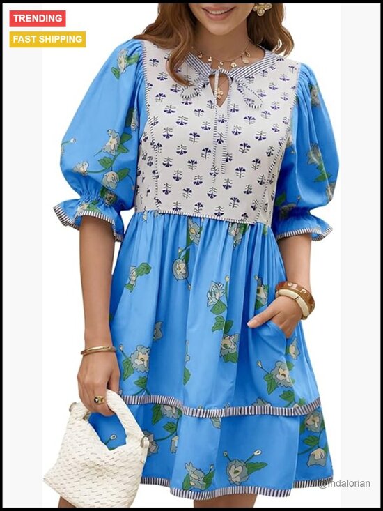 Dresses & Skirts - Floral Mini Dress with Puff Sleeves, V-Neck, and Patchwork Detail